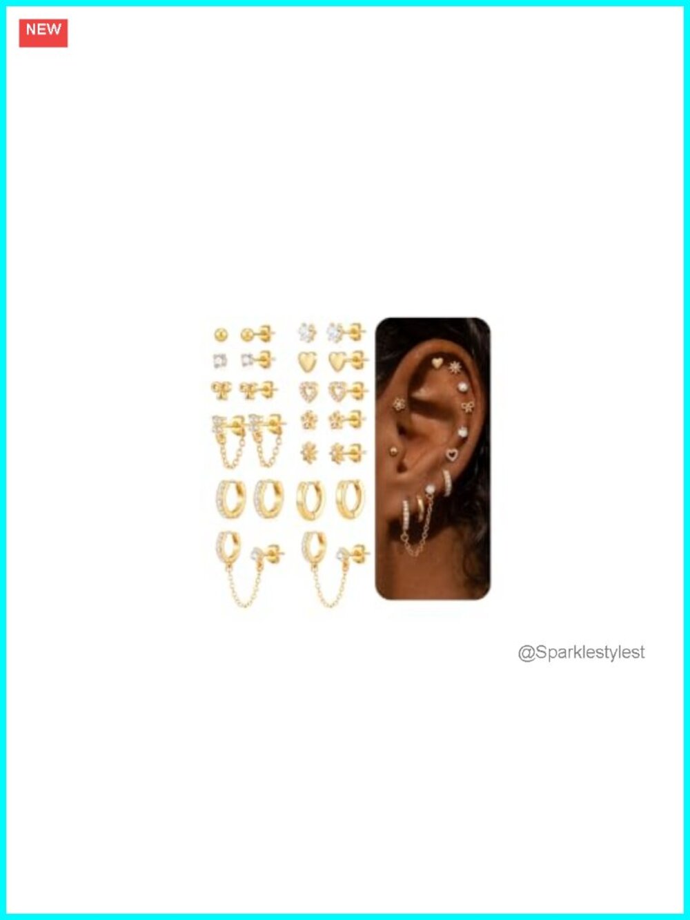 14K Gold Plated CZ Stud Hoop Earrings Set Hypoallergenic Stainless Steel